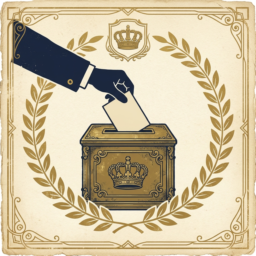 Vintage illustration of a silhouetted hand in a navy sleeve dropping a blank paper ballot into an antique brass ballot box embossed with a gold crown, framed by a gold laurel wreath.