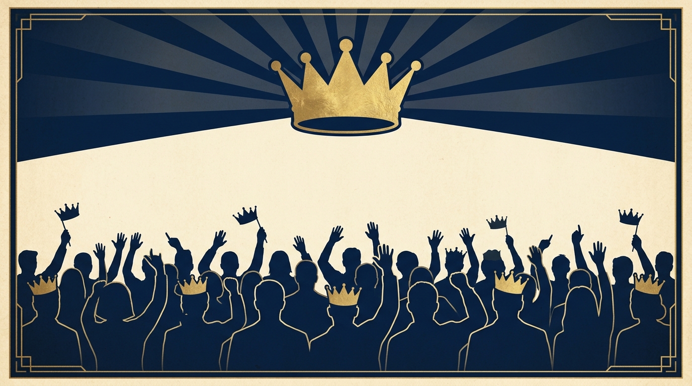 Vintage federal-gilt campaign poster: an antique gold crown radiating sunburst rays above a crowd of anonymous navy silhouettes seen from behind, arms raised in salute.