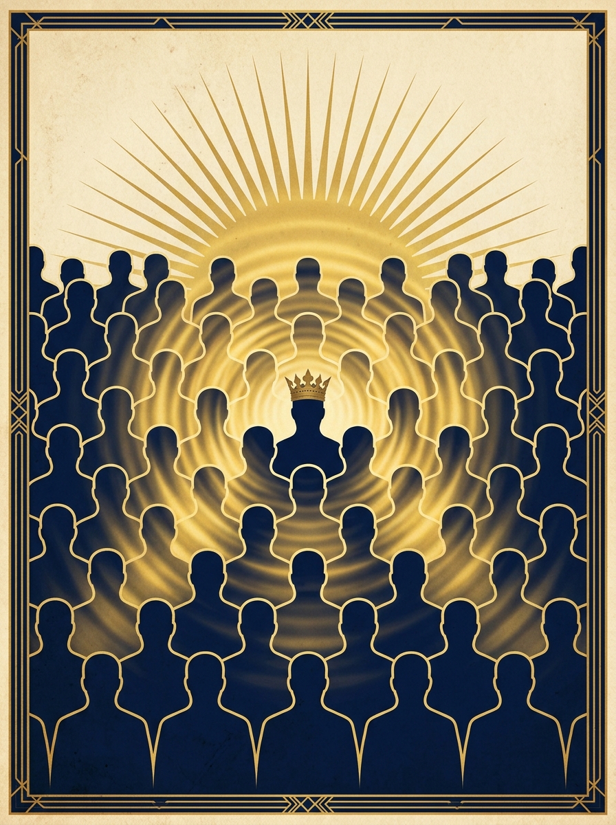 Vintage poster of a dense crowd of identical faceless navy silhouettes seen from behind; one figure wears a glowing gold crown whose light ripples outward until it is indistinguishable from the rest.