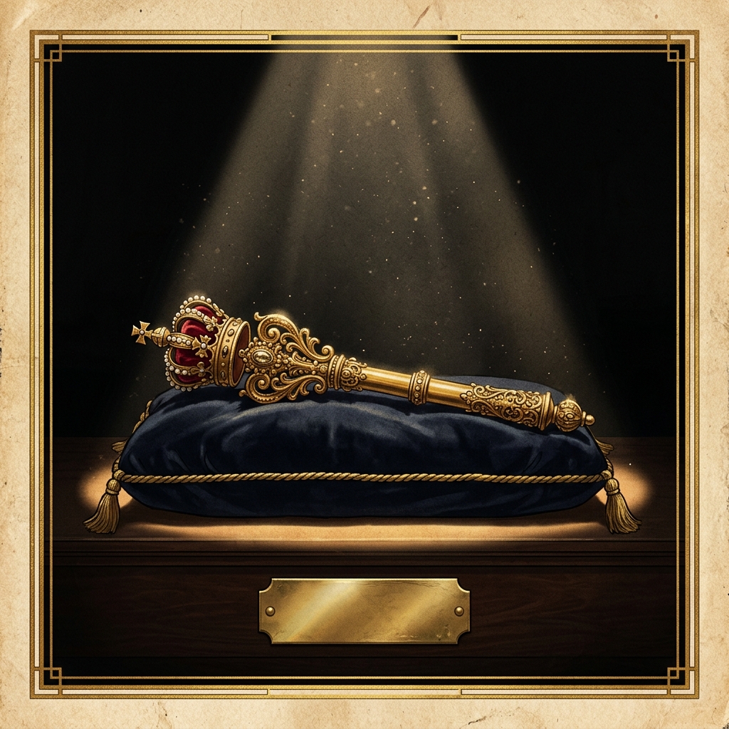 Vintage illustration of a single antique gold ceremonial scepter with a crown finial lying on a navy velvet cushion under a museum spotlight, above a small blank brass plaque.