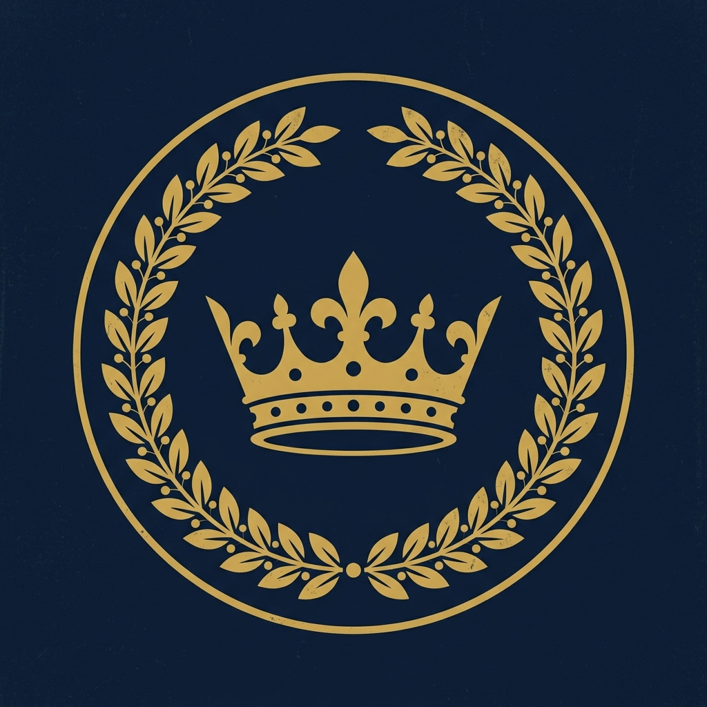 Circular vintage insignia: an antique gold crown centered inside a gold laurel wreath ring on a deep navy field.