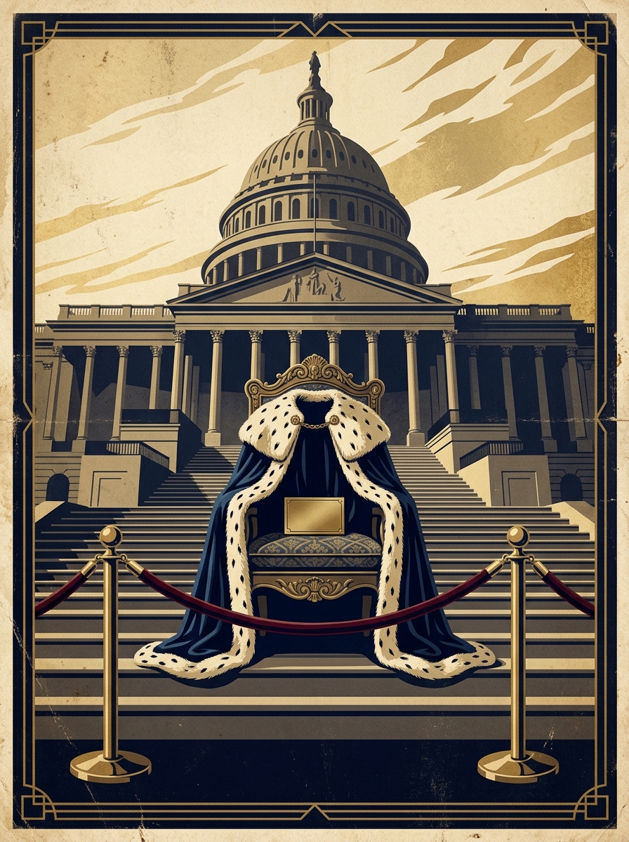 Vintage poster of an empty ornamental throne draped in a navy velvet ermine-trimmed robe at the top of the Capitol steps at dawn, cordoned off by a velvet rope, a blank brass plaque resting on the seat.